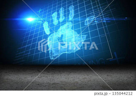 Digitally generated Hand print on blue grid Digitally generated Hand print on blue grid 135044212