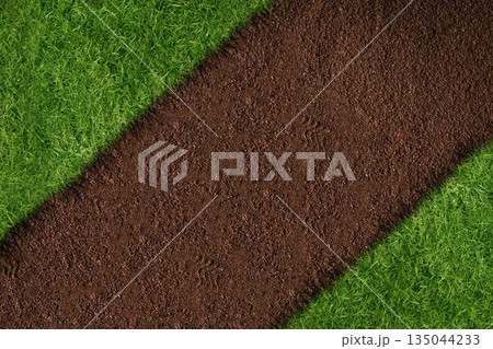 Flat design illustration is showing diagonal soil strip in top-down garden view with grass turf 135044233