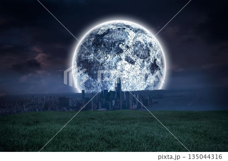Digital composite of Bright moon over city 135044316