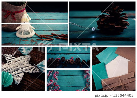 Christmas decoration on blue wood table Christmas decoration on blue wood table 135044403