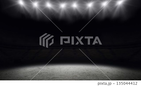 Concrete circle patch is glowing under overhead spotlights over dark seating in flat design style Concrete circle patch is glowing under overhead spotlights over dark seating in flat design style 135044412