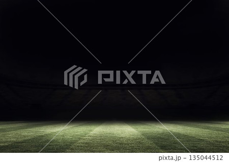 Grass playing field is being shown under stadium spotlight, flat design with striped turf 135044512