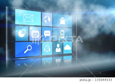 Futuristic 3D holographic panel is hovering above grid floor with mist, showcasing white icon tiles 135044533