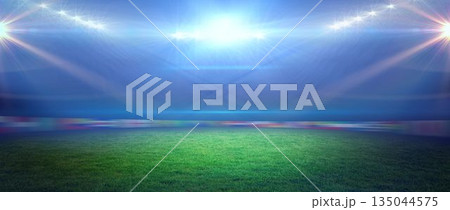 Full-size grass pitch shining under floodlights in flat design, with glowing LED advertising boards Full-size grass pitch shining under floodlights in flat design, with glowing LED advertising boards 135044575