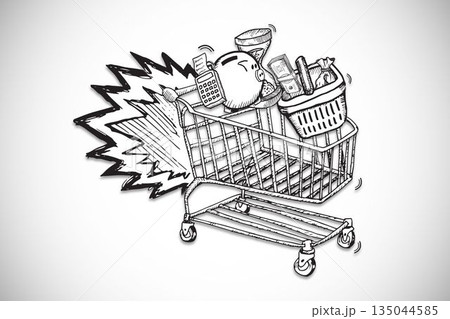 Hand-drawn monochrome shopping cart is speeding across blank background with piggy bank, copy space Hand-drawn monochrome shopping cart is speeding across blank background with piggy bank, copy space 135044585