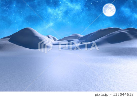 scene is showing rolling snow dunes under glowing full moon with starry sky in flat design 135044618