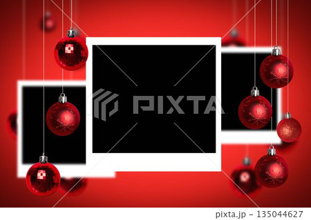 Festive flat collage is showing white frames on red gradient with hanging red baubles, copy space Festive flat collage is showing white frames on red gradient with hanging red baubles, copy space 135044627