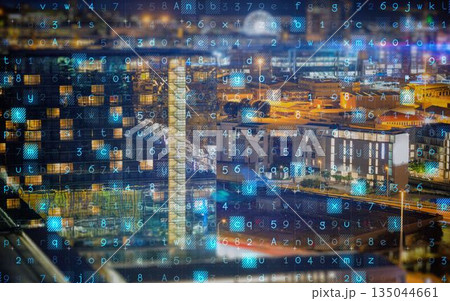Digitally generated binary code against cityscape Digitally generated binary code against cityscape 135044661