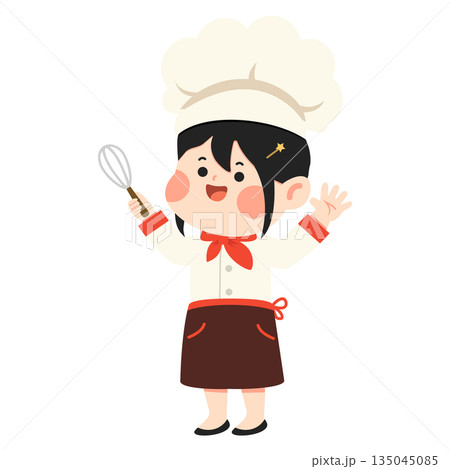 Happy Child Chef Character Wearing White Uniform and Hat Happy Child Chef Character Wearing White Uniform and Hat 135045085