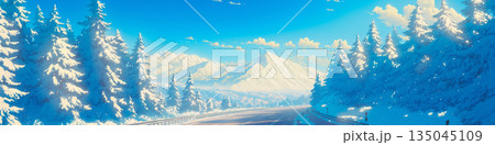 冬の山のアスファルト道の風景、アニメ風 135045109
