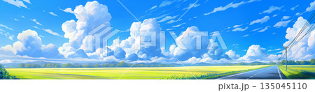 青空と田舎のアスファルト道の風景、アニメ風 135045110