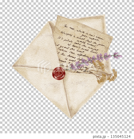Envelope with letter and wax seal in warm neutral shades, watercolor clipart. Designed for Valentine stationery, wedding cards, branding elements, planners, packaging graphics Envelope with letter and wax seal in warm neutral shades, watercolor clipart. Designed for Valentine stationery, wedding cards, branding elements, planners, packaging graphics 135045124