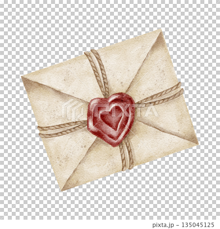 Sealed envelope with wax heart in cream and red colors, watercolor clipart. Ideal for Valentine cards, wedding stationery, branding visuals, gift packaging, planners and romantic themed print designs Sealed envelope with wax heart in cream and red colors, watercolor clipart. Ideal for Valentine cards, wedding stationery, branding visuals, gift packaging, planners and romantic themed print designs 135045125