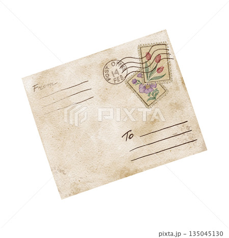 Old fashioned envelope with colorful stamp accents in cream, tan and soft red, watercolor clipart. Perfect for Valentine stationery, wedding invites, card making, surface design, packaging 135045130