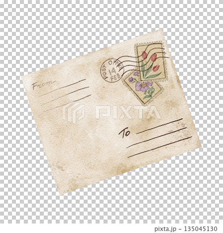 Old fashioned envelope with colorful stamp accents in cream, tan and soft red, watercolor clipart. Perfect for Valentine stationery, wedding invites, card making, surface design, packaging 135045130
