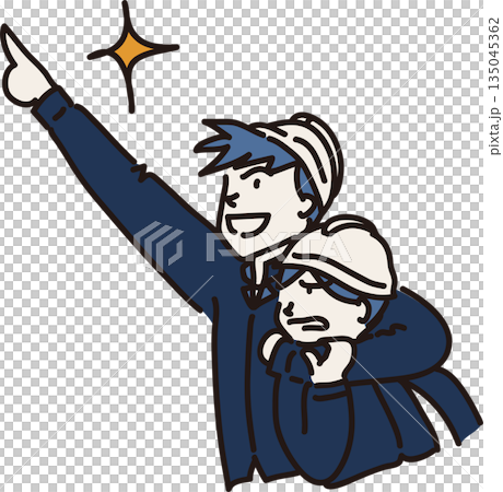 作業服を来て目標を目指す先輩と嫌がる後輩のイラスト　紺色の制服 135045362