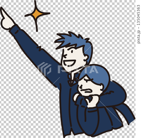 作業服を来て目標を目指す先輩と嫌がる後輩のイラスト　紺色の制服 135045363