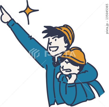 作業服を来て目標を目指す先輩と嫌がる後輩のイラスト　青色の制服 135045365