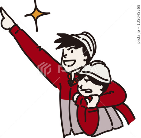 作業服を来て目標を目指す先輩と嫌がる後輩のイラスト 赤色の制服 作業服を来て目標を目指す先輩と嫌がる後輩のイラスト 赤色の制服 135045368