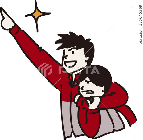 作業服を来て目標を目指す先輩と嫌がる後輩のイラスト　赤色の制服 135045369