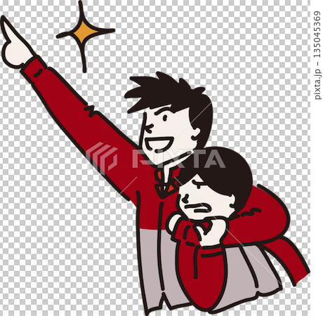 作業服を来て目標を目指す先輩と嫌がる後輩のイラスト　赤色の制服 135045369