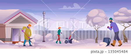 Snow cleaning. Urban landscape in snow time people cleaning snow in city exact vector cartoon seasonal background 135045484