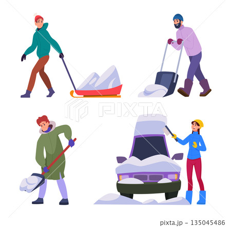 Cleaning snow. Seasonal workers people cleaning snow in snowy time exact vector cartoon illustrations 135045486
