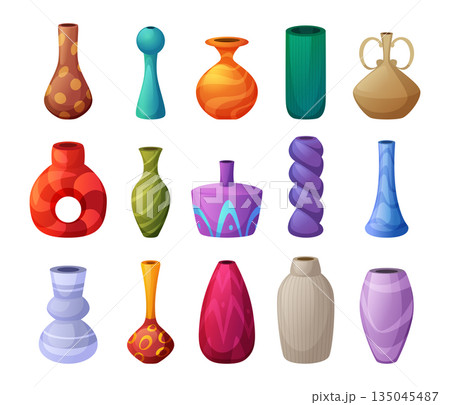 Clay pottery. Colorful decorative vases collection exact vector pottery set isolated 135045487