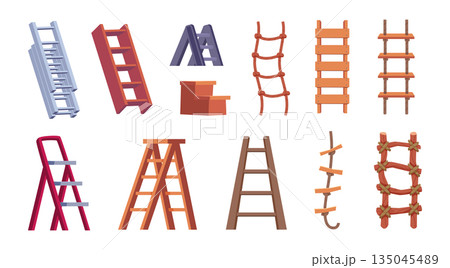 Rope ladders. Climbing tools collection of different wooden ladders exact vector cartoon set isolated 135045489