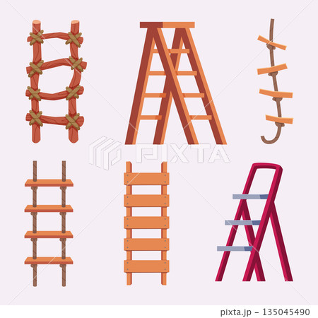 Wooden ladders. Cartoon collection of rope and wooden ladders for climbing exact vector set Wooden ladders. Cartoon collection of rope and wooden ladders for climbing exact vector set 135045490