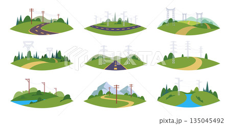 High voltage towers. Urban energy infrastructure towers of electricity outdoor valley exact vector cartoon set 135045492