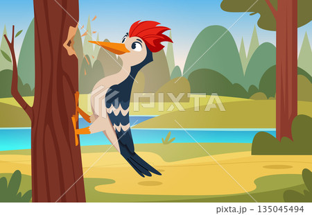 Woodpecker in forest. Flying cartoon bird mascot exact vector forest landscape with woodpecker 135045494