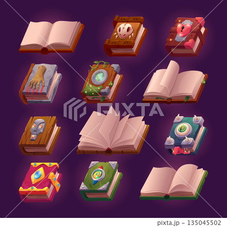 Open spell book. Fairy tale magician books for wizards or fantasy witcher exact vector cartoon magic collection of notebooks 135045502