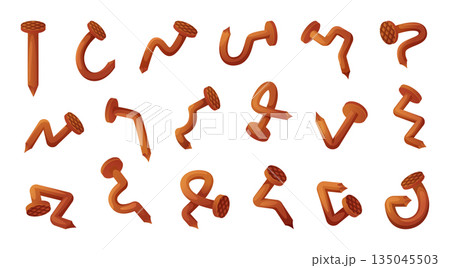 Nails. Damaged steel and rusty old curved nails exact vector cartoon illustration set isolated Nails. Damaged steel and rusty old curved nails exact vector cartoon illustration set isolated 135045503