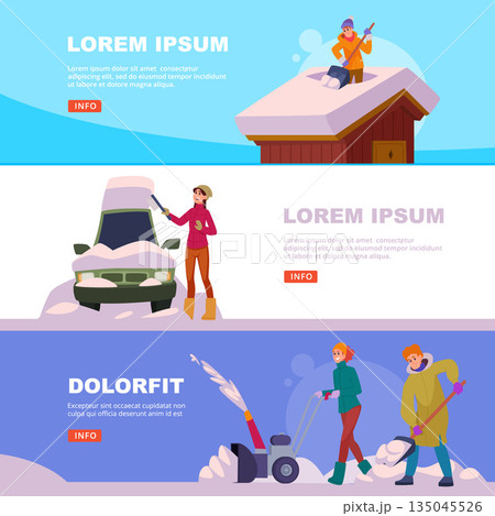 Snow time. vector banners with People shoveling snow on streets 135045526