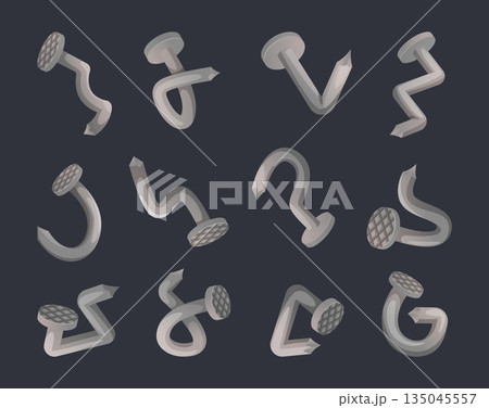 Crooked nails. damaged steel nails of different shapes 135045557