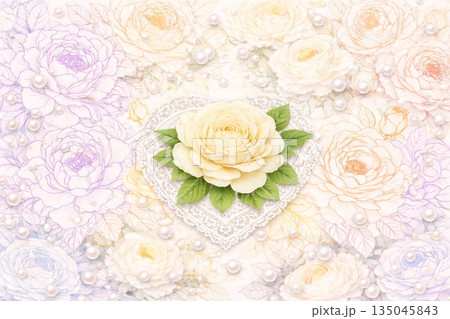クリーム色の薔薇と真珠とフラワー線画 135045843