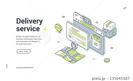 Delivery service logistic distribution company workflow isometric web banner design template vector Delivery service logistic distribution company workflow isometric web banner design template vector 135045887