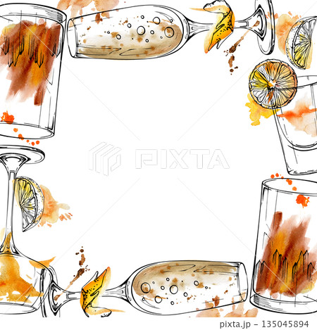 Sparkling champagne, spritz, rum and whisky crystal glasses with citrus zest notes, flaming flatliner shot. Watercolor and ink frame hand drawn for celebration branding, print cards, or packaging. 135045894