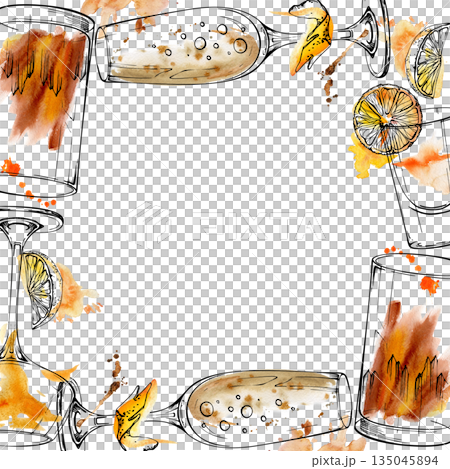 Sparkling champagne, spritz, rum and whisky crystal glasses with citrus zest notes, flaming flatliner shot. Watercolor and ink frame hand drawn for celebration branding, print cards, or packaging. 135045894