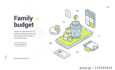 Family budget balance accounting analyzing mobile app isometric web banner design template vector 135045919