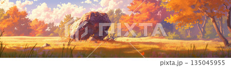 秋の森の大きな岩がある風景、アニメ風 135045955