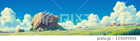 積乱雲と大きな岩がある風景、アニメ風 135045956