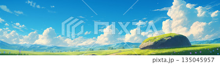 夏の青空と大きな岩がある風景、アニメ風 135045957