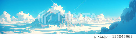 雪が積もっている大きな岩山がある風景、アニメ風 135045965