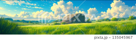 草原の大きな岩がある風景、アニメ風 135045967