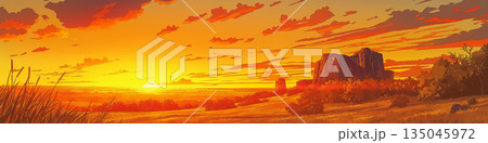 夕方の高原の大きな岩がある風景、アニメ風 135045972