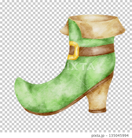 Green leprechaun shoe, isolated, hand painted watercolor clipart. Ideal for St. Patricks Day decor, Irish folklore illustrations, costume designs, and festive graphics 135045994