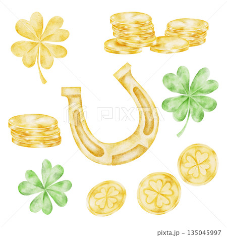 Irish luck set with clovers, gold coins, and horseshoe, isolated, hand painted watercolor clipart. Ideal for St. Patricks Day graphics and folklore designs 135045997