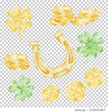 Irish luck set with clovers, gold coins, and horseshoe, isolated, hand painted watercolor clipart. Ideal for St. Patricks Day graphics and folklore designs 135045997